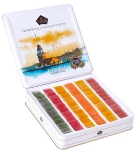 Hediyelik Metal Kutuda 725gr Glutensiz Vegan 6 Çeşit Tropik Meyve Aromalı Lokum