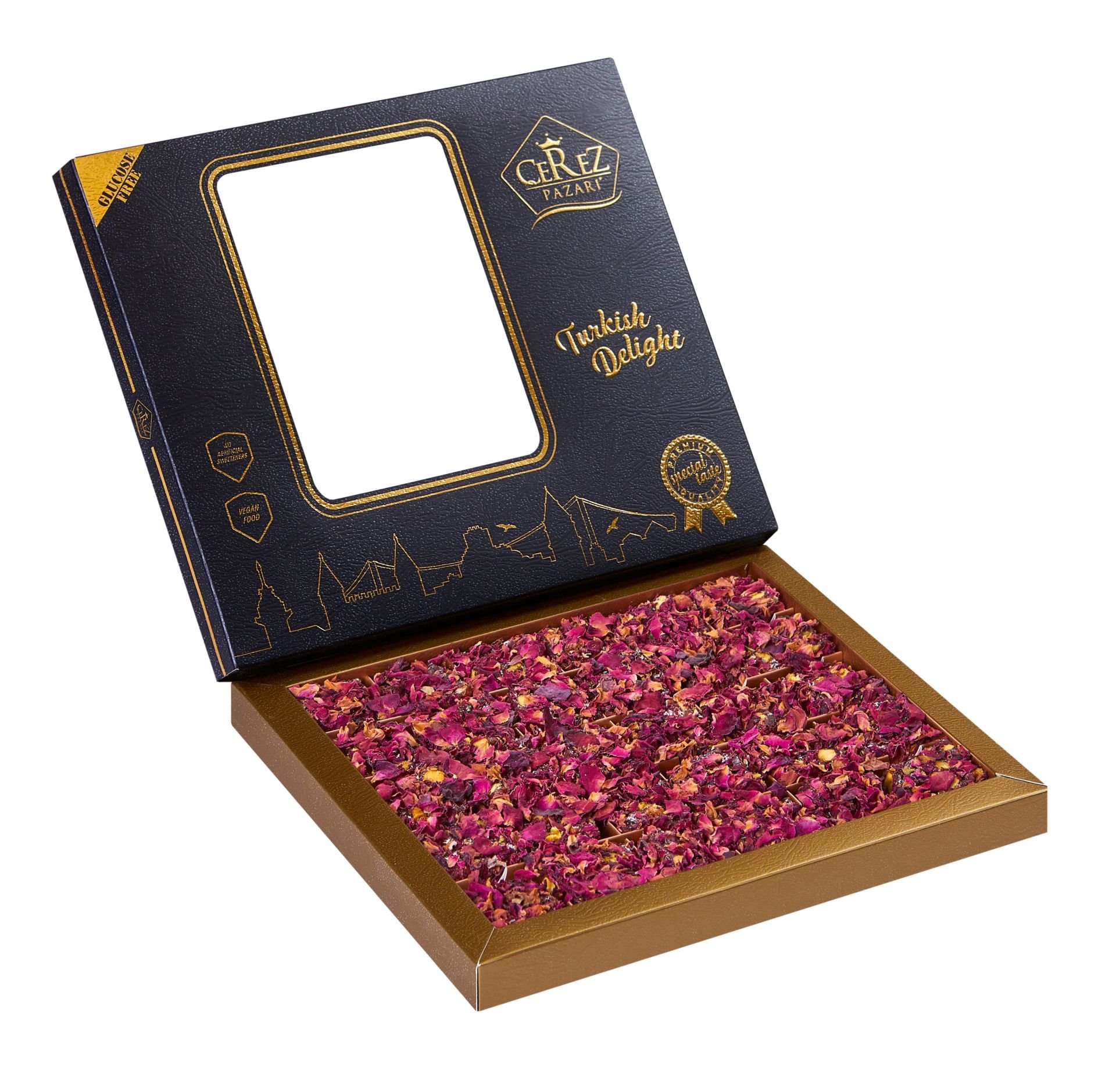 Hediyelik Kutuda Gül Yaprağı Kaplı Antep Fıstıklı 500gr Vegan, Glikozsuz Lokum (Deri Desenli Kutu)
