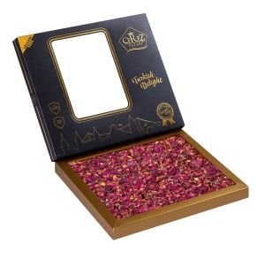 Hediyelik Kutuda Gül Yaprağı Kaplı Antep Fıstıklı 500gr Vegan, Glikozsuz Lokum (Deri Desenli Kutu)