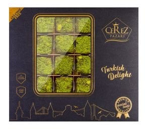 Hediyelik Kutuda Toz Antep Kaplı Antep Fıstıklı 500gr Vegan, Glikozsuz Lokum (Deri Desenli Kutu)