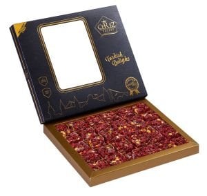 Hediyelik Kutuda Zereşk Üzümü Kaplı Antep Fıstıklı 500gr Vegan, Glikozsuz Lokum (Deri Desenli Kutu)
