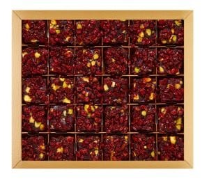 Hediyelik Kutuda Zereşk Üzümü Kaplı Antep Fıstıklı 500gr Vegan, Glikozsuz Lokum (Deri Desenli Kutu)
