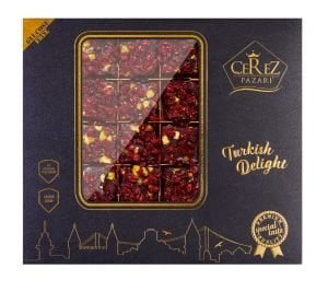 Hediyelik Kutuda Zereşk Üzümü Kaplı Antep Fıstıklı 500gr Vegan, Glikozsuz Lokum (Deri Desenli Kutu)